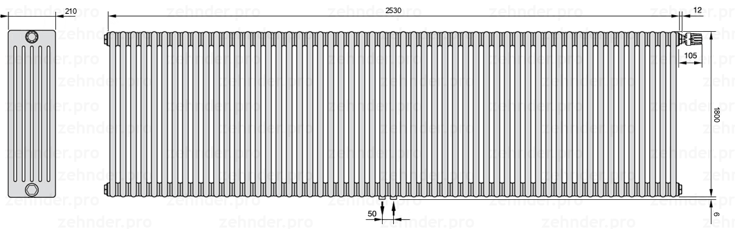 Схема (чертеж) Радиатор Zehnder Charleston 6180/55 №V008 Белый глянцевый RAL 9016